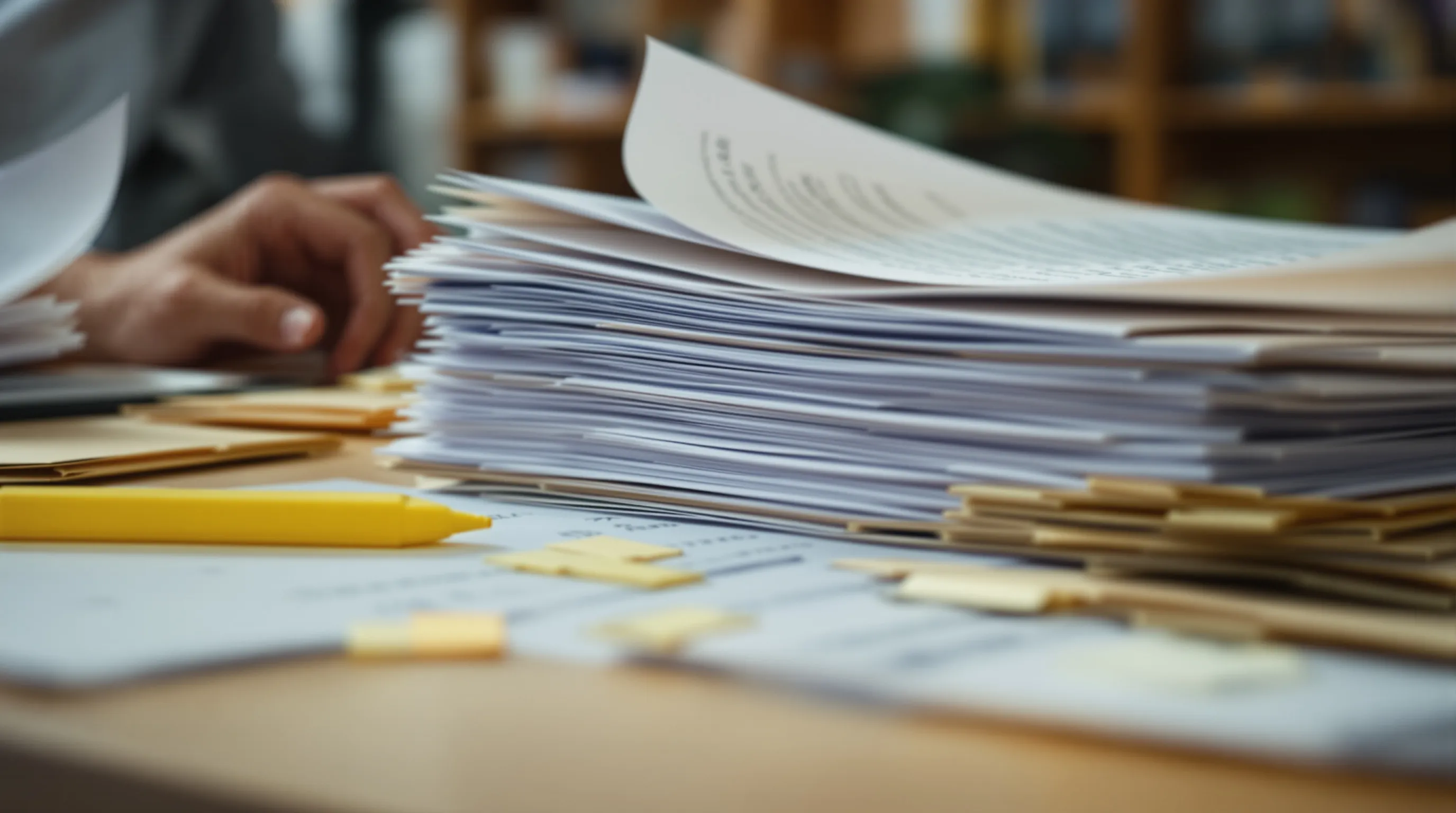Photorealistic close-up of a litigation support analyst's desk in an office, with a thick stack of printed pages of flagged files fanned out beside a yellow highlighter, a few sheets marked with highlighted lines, and