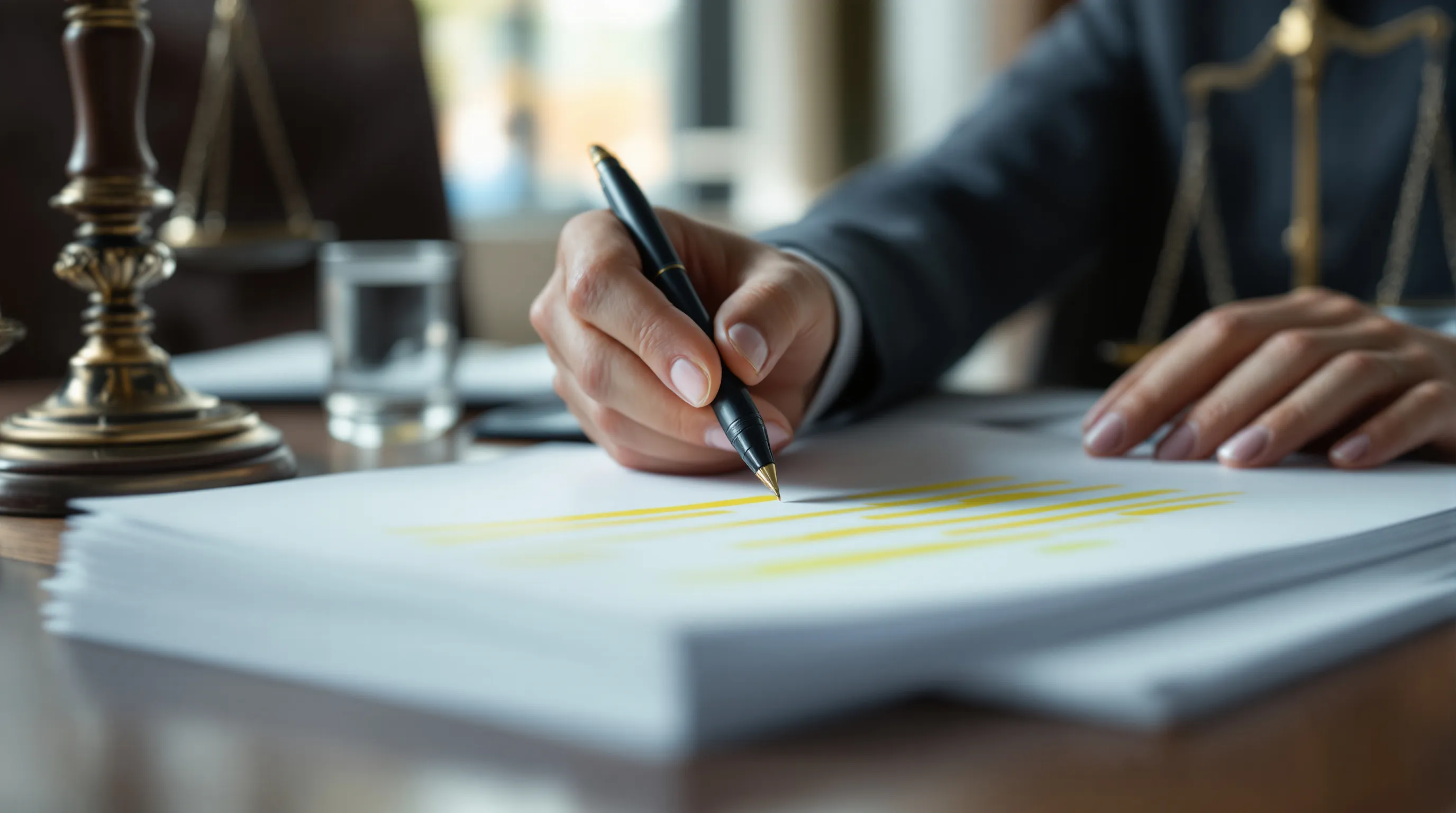 Close-up of an attorney's hand gripping a pen, hovering over a stack of crisp white sheets marked with bright yellow highlighter streaks, beside a polished wooden desk lamp and a brass scale of justice, a glass of water