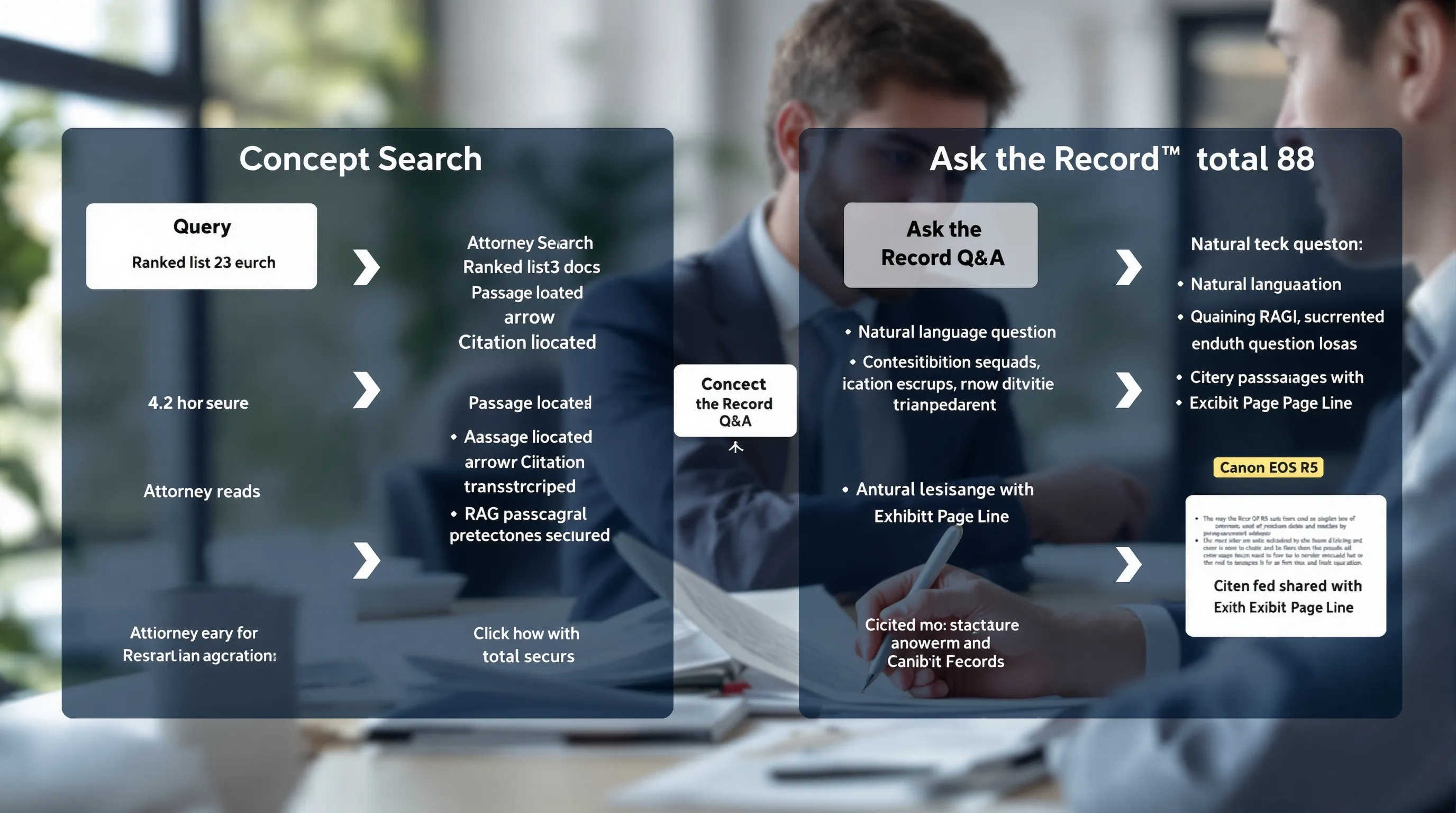 Workflow diagram: concept search 4.2 hours vs ask the record Q&A 28 seconds