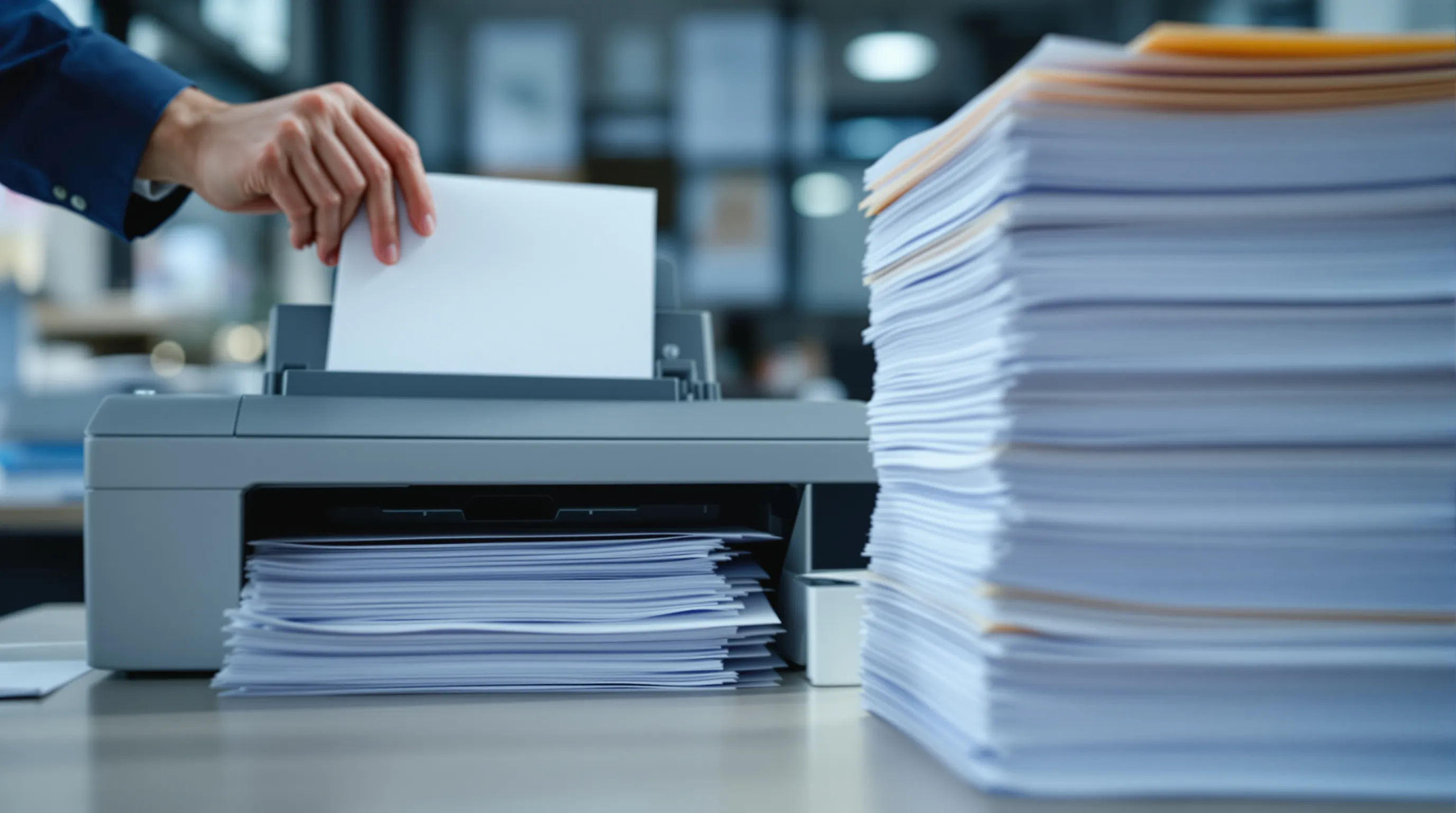 A sheet-fed scanner pulling one page at a time from a tall stack of paper case files on an office desk.