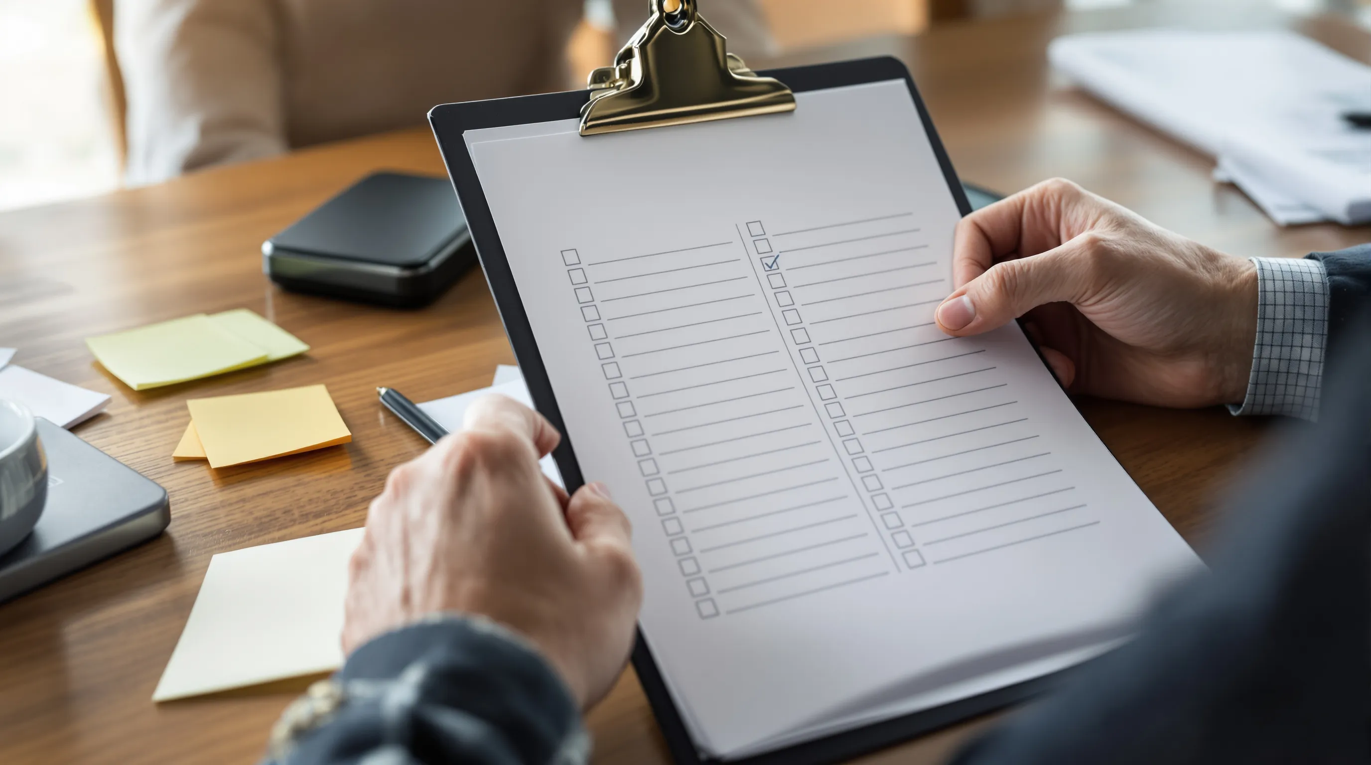 Hands marking rows on a printed two-column worksheet beside an external hard drive during a collection check.