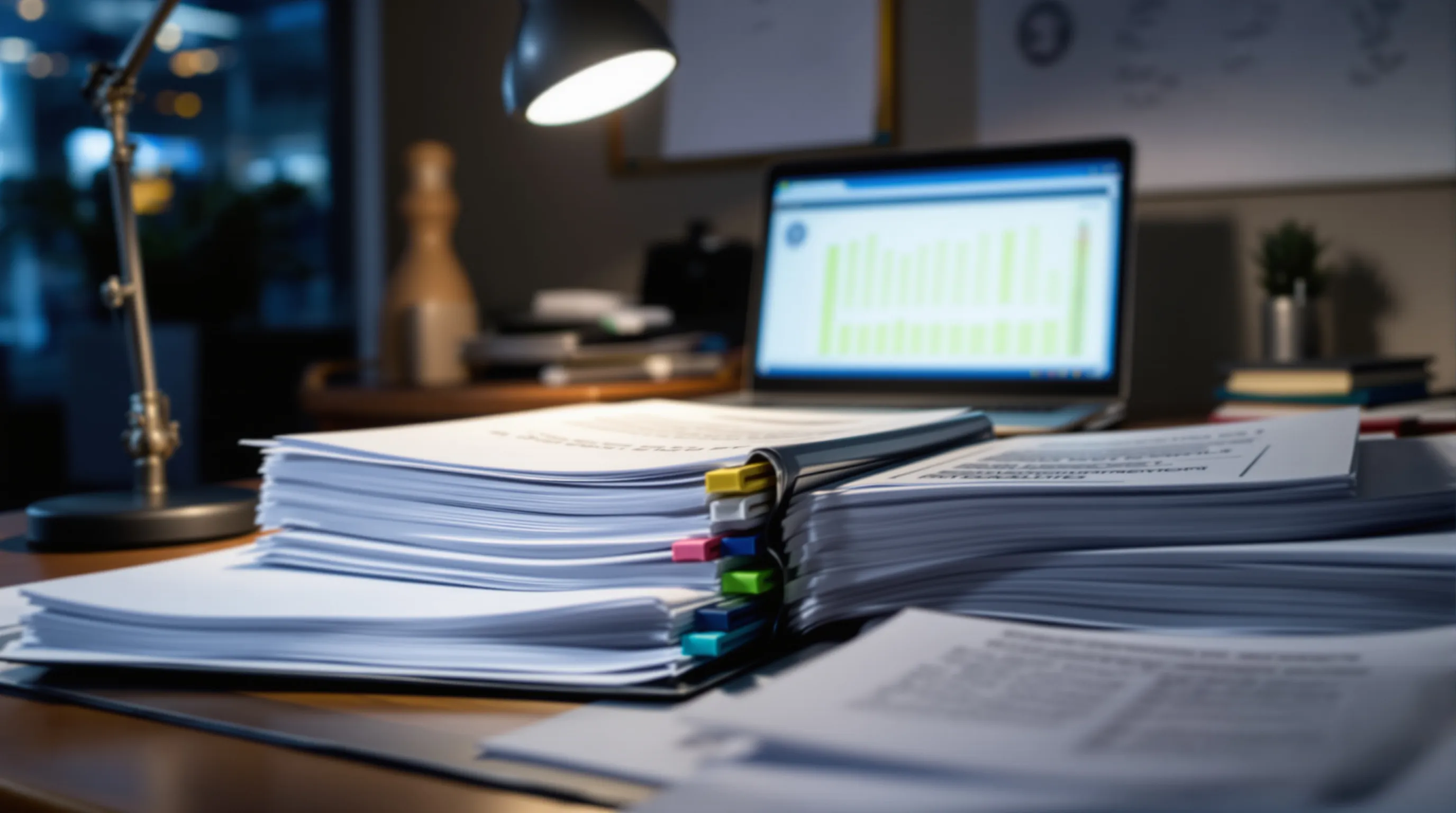 Bates-stamped production pages beside a binder of tabbed discovery requests under a desk lamp at night