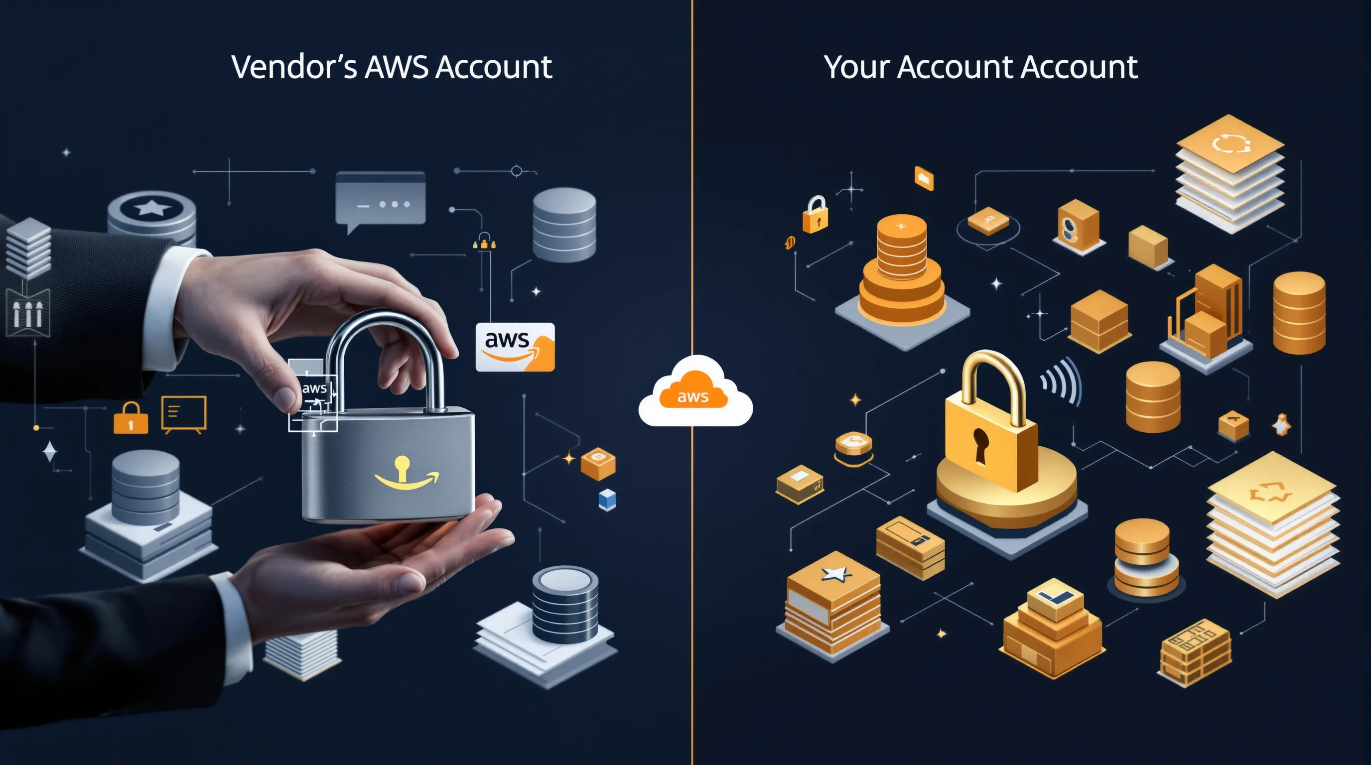 Side-by-side comparison of vendor-managed versus firm-account AWS deployment, showing who holds the encryption keys in each model