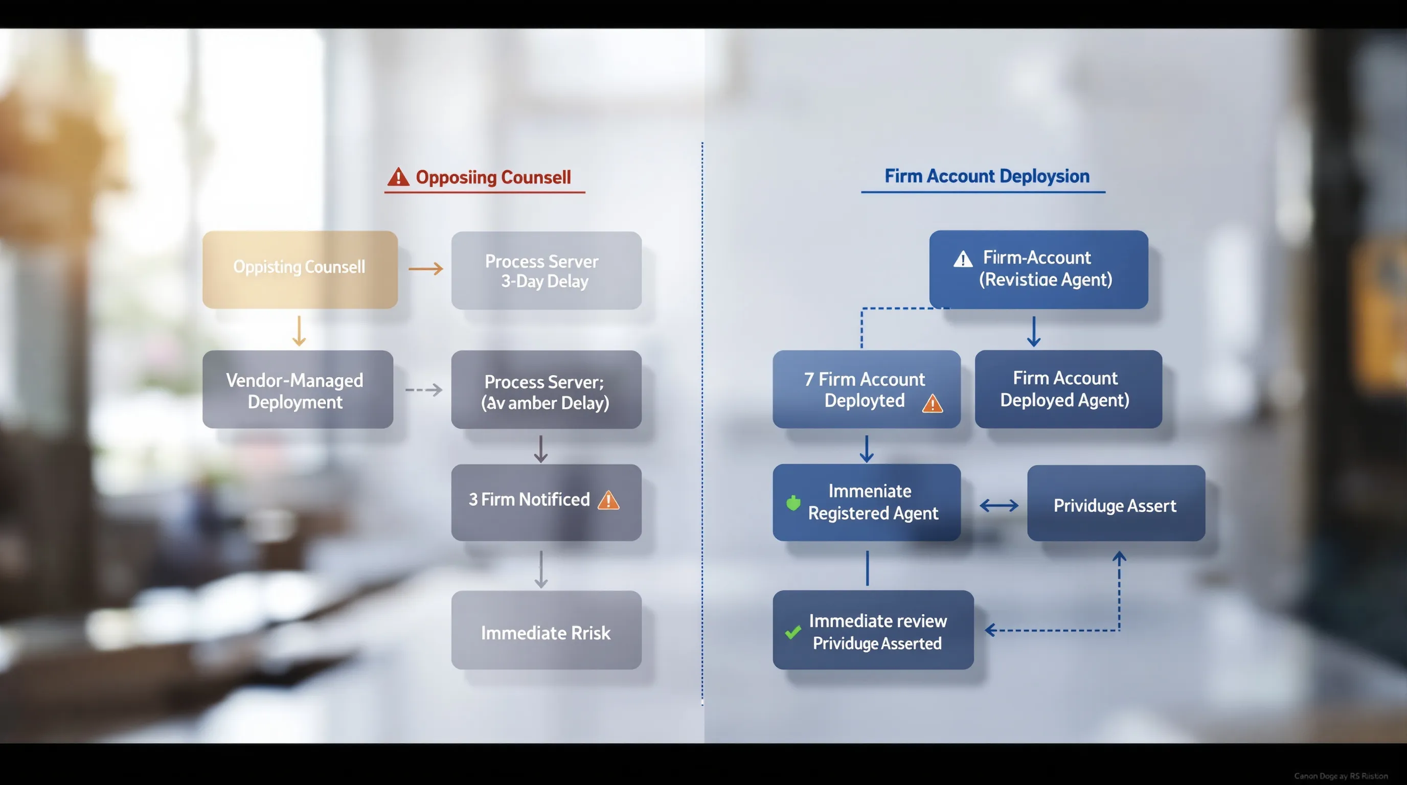 Flowchart comparing subpoena routing in vendor-managed versus firm-account e-discovery deployments