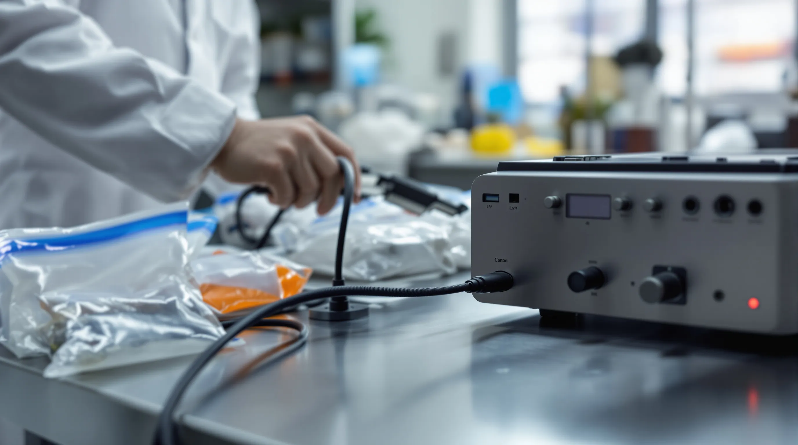 A forensic technician connects a smartphone to a write-blocking device for ESI collection, with hash verification progress visible on a nearby laptop screen in a professional forensic lab