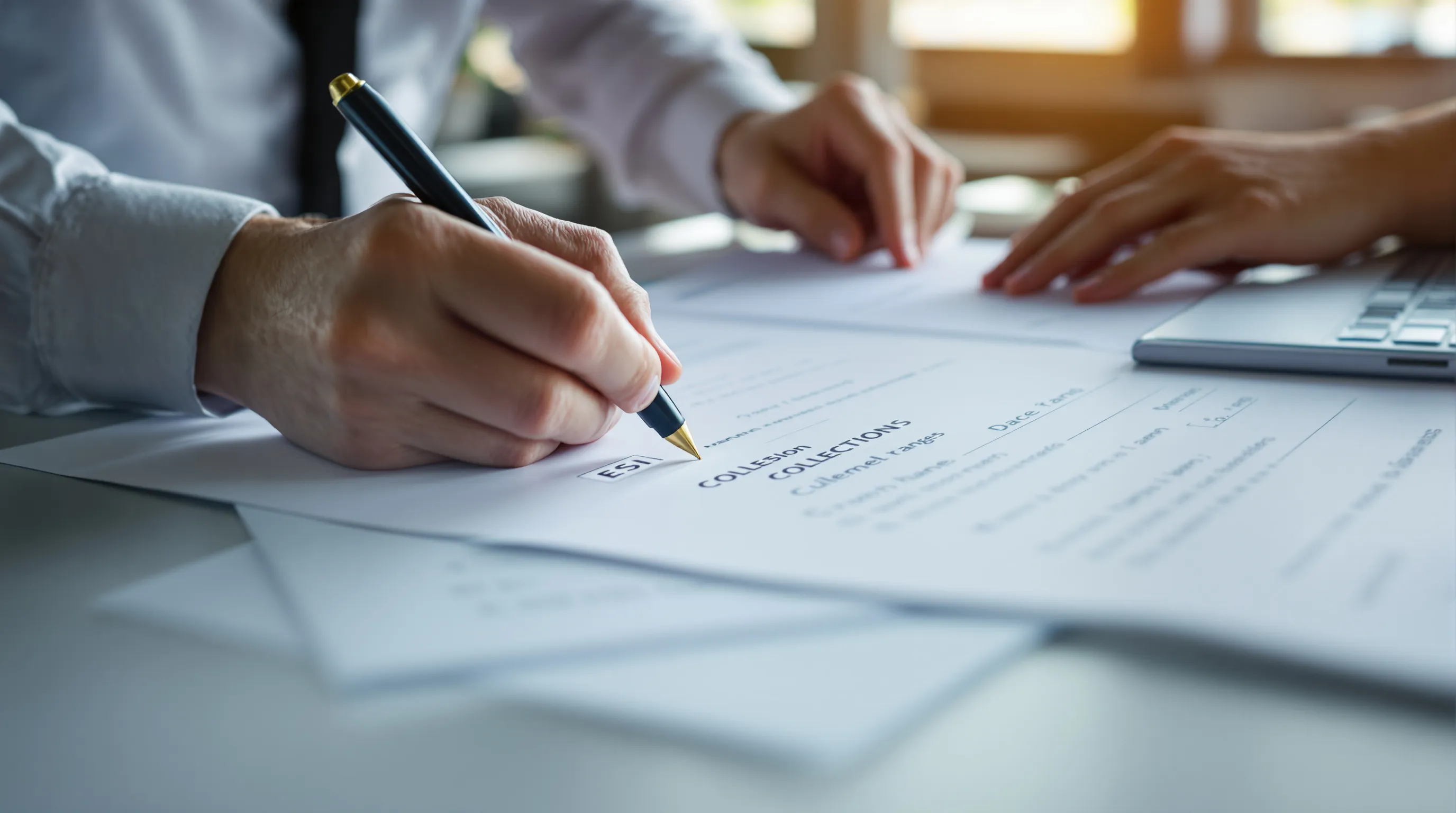 Legal professional reviewing ESI custodian scope documents and date range records at a desk