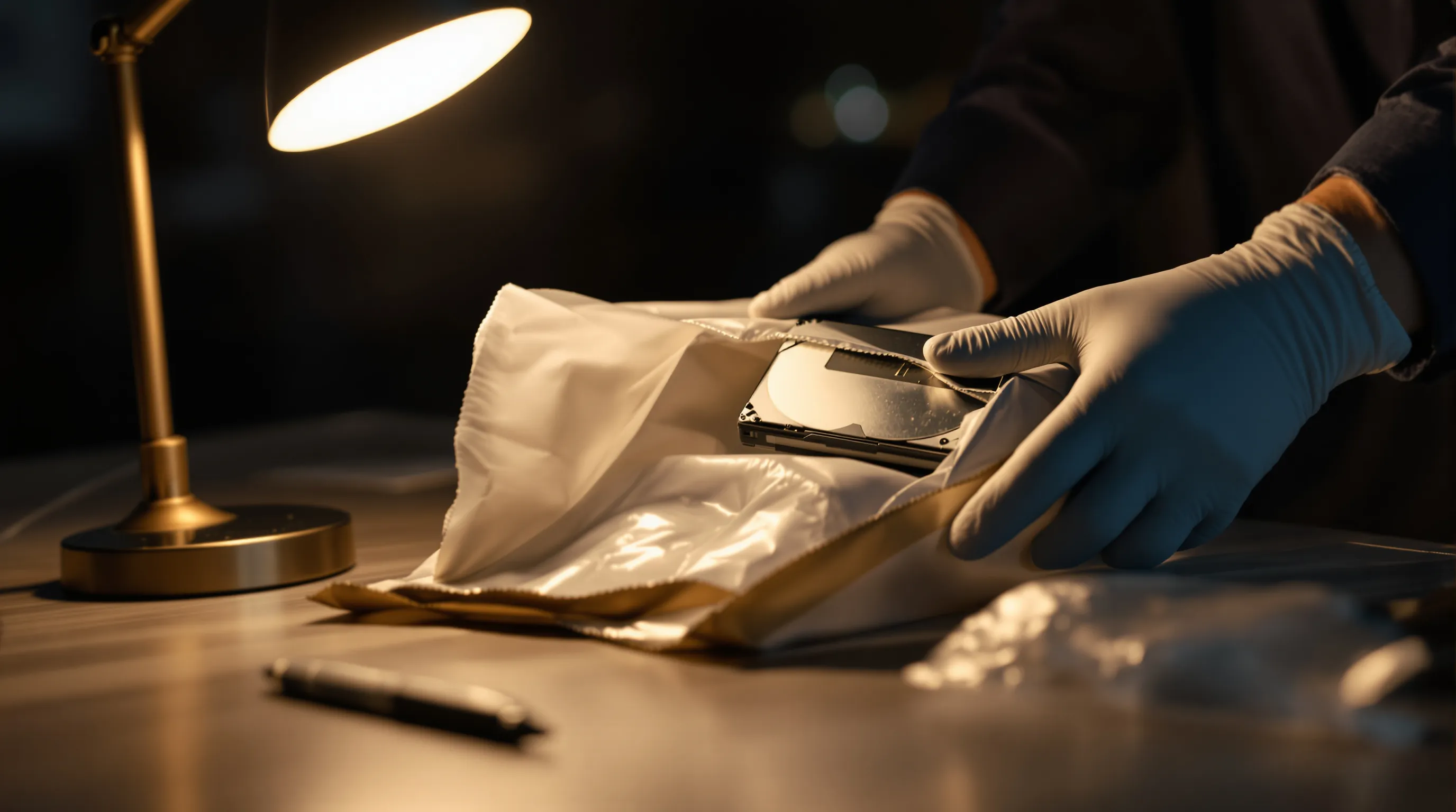 Close view of gloved hands lifting an external hard drive out of a padded shipping bag on a bare intake desk at night, a pair of evidence seals and a pen resting beside it, a sealed anti-static pouch nearby, single desk
