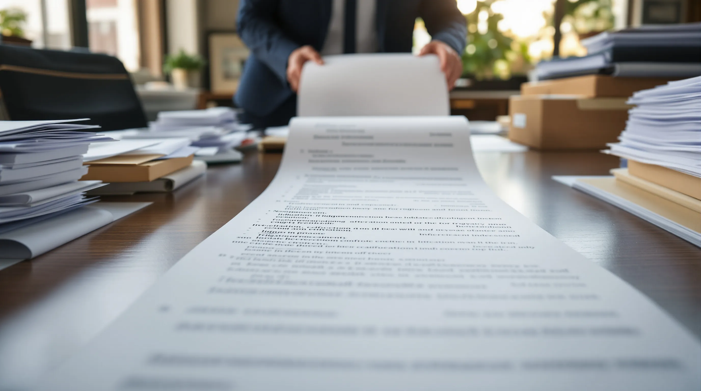 A very long itemized paper paperwork unspooling across a small law firm